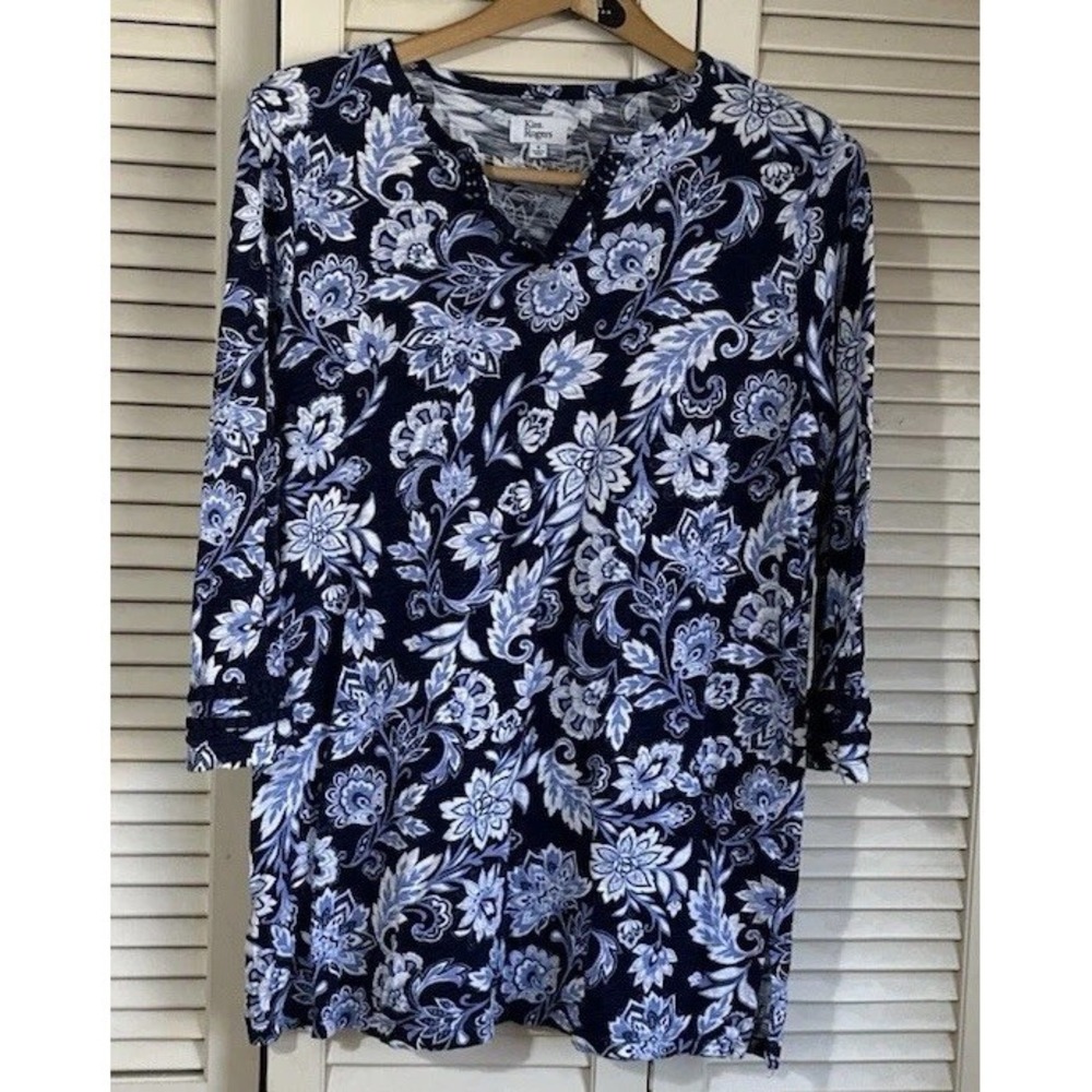 Kim Rogers To Sz S Blue White Floral Print 3/4 Sleeve Casual Blouse